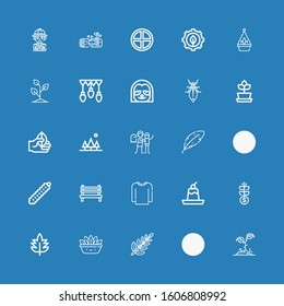 Editable 25 tree icons for web and mobile. Set of tree included icons line Plant, Swing, Leaf, Fern, Grow, Pudding, Sweater, Bench, Caterpillar, Leaves, Haunted house on blue background