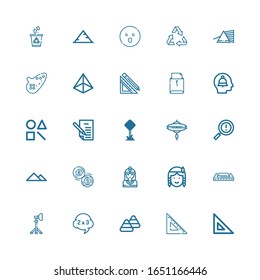 Editable 25 triangle icons for web and mobile. Set of triangle included icons line Set square, Candy corn, Problem, Reflector, Harmonica, Native american, Billiard on white background