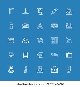 Editable 25 trip icons for web and mobile. Set of trip included icons line Flight information, Briefcase, Ship, Pisa, Backpack, Suitcase, Aeroplane, Bus, Travel guide on blue background