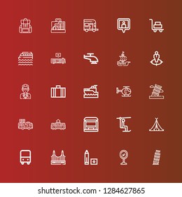 Editable 25 trip icons for web and mobile. Set of trip included icons line Pisa, Airport, Marker, Golden gate, Bus, Tent, Chairlift, Bus stop, Tram, Caravan, Helicopter on red