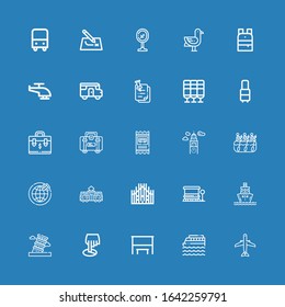 Editable 25 trip icons for web and mobile. Set of trip included icons line Aircraft, Cruise, Bus stop, Position, Pisa, Ship, Milan, Tram, Shipping, Rafting on blue background