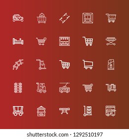 Editable 25 trolley icons for web and mobile. Set of trolley included icons line Ice cream cart, Trolley, Stretcher, Food stall, Luggage, Shopping cart, Railway, Coal, Subway on red