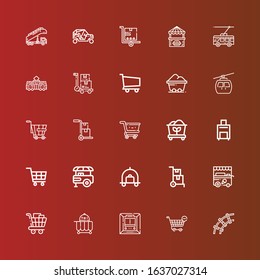 Editable 25 trolley icons for web and mobile. Set of trolley included icons line Railway, Shopping cart, Metro, Food cart, Ice cream cart, Delivery Luggage, Food stand on red