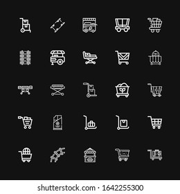 Editable 25 trolley icons for web and mobile. Set of trolley included icons line Luggage, Cart, Food stall, Railway, Shopping cart, Delivery cart, Coal, Trolley on black background