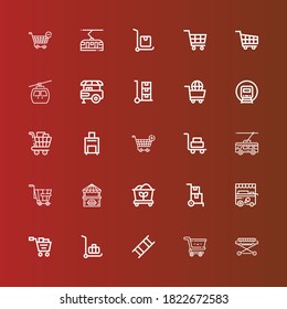 Editable 25 trolley icons for web and mobile. Set of trolley included icons line Stretcher, Cart, Delivery cart, Shopping cart, Ice cream Coal, Food stall, Trolley on red