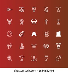 Editable 25 trophy icons for web and mobile. Set of trophy included icons line Football, Goblet, Winning, Championship, Tennis, Medal, Winner, Podium, Racing, Trophy, Seal on red