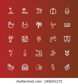Editable 25 tropical icons for web and mobile. Set of tropical included icons line Blueberry, Surfboard, Kiwi, Sloth, Bananas, Bikini, Bamboo, Beach umbrella, Juice, Cocktail on red