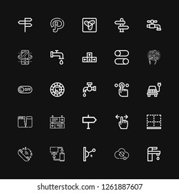 Editable 25 turn icons for web and mobile. Set of turn included icons line Tap, Sync, Switch, Queue, Bottom, Direction, Split, Electric, Off, Switches, Tilt on black background