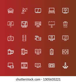 Editable 25 tv icons for web and mobile. Set of tv included icons line Pixel, Vhs, Smart tv, Film, Electronics, Movie, Remote control, Photo film, Television, Monitor on red