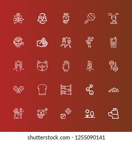 Editable 25 two icons for web and mobile. Set of two included icons line Dog, Park, Dice, Couple, Knuckle, Friends, Bunk bed, Toast, Maracas, Maraca, Hand, Walkie talkie on red