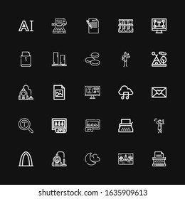 Editable 25 Type Icons For Web And Mobile. Set Of Type Included Icons Line Typewriter, Tipi, Night Mode, Vacuum, Gateway Arch, Toga, Jpg, Font, Letter, Music File On Black Background