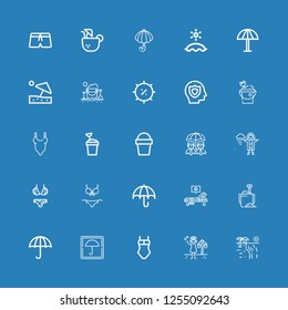 Editable 25 umbrella icons for web and mobile. Set of umbrella included icons line Beach, Summer, Swimsuit, Umbrella, Wet protect, Sand bucket, Sunbed, Bikini on blue background