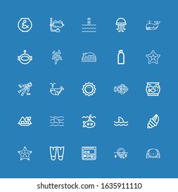 Editable 25 underwater icons for web and mobile. Set of underwater included icons line Turtle, Iceberg, Aquarium, Fins, Starfish, Seashell, Shark, Submarine on blue background