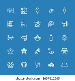 Editable 25 underwater icons for web and mobile. Set of underwater included icons line Turtle, Jellyfish, Sea urchin, Aquarium, Fishbowl, Whale, Seashell, Starfish on blue background