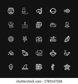 Editable 25 Underwater Icons For Web And Mobile. Set Of Underwater Included Icons Line Turtle, Seahorse, Oxygen Tank, Shark, Seashell, Whale, Aqualung, Seaweed On Black Background