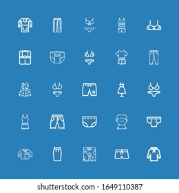 Editable 25 underwear icons for web and mobile. Set of underwear line icons including: Hoodie, Swimsuit, Shorts, Skirt, Clothing, Underwear, Boxer, Diaper, Clothes on blue background