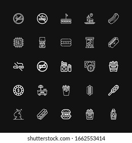 Editable 25 unhealthy icons for web and mobile. Set of unhealthy included icons line Chocolate, Fries, Hamburguer, Hot dog, Smoke, Hotdog, French fries, Chip on black background