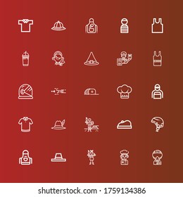 Editable 25 uniform icons for web and mobile. Set of uniform included icons line Military, Chef, Paintball, Hat, Apron, Helmet, Beret, shirt, Delivery man, Cap, Blowpipe on red