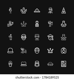 Editable 25 uniform icons for web and mobile. Set of uniform included icons line Cook, Sailor hat, Pilot, Hat, Helmet, Boxing helmet, Paintball, Apron, Graduated on black background