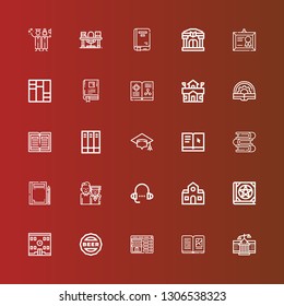 Editable 25 university icons for web and mobile. Set of university included icons line Courthouse, Book, Booking, Cap, School, Lesson, Graduation, Books, Learning, Mortarboard on red