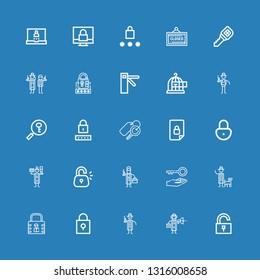 Editable 25 unlock icons for web and mobile. Set of unlock included icons line Unlock, Detective, Padlock, Lock, Key, Locked, Keys, Password, Freedom, Access on blue background