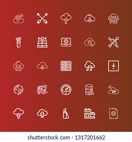 Editable 25 upload icons for web and mobile. Set of upload included icons line New file, Loader, Arrow, Upload, Cloud, Database, Speedometer, Waiting, Download, Music file on red