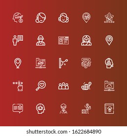 Editable 25 user icons for web and mobile. Set of user included icons line Guide book, Banker, Man, Head, Review, Cloud folder, Grid, Group, Favorites, Rating, Customer service on red
