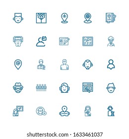 Editable 25 user icons for web and mobile. Set of user included icons line Operator, Virtual reality, Follow, Woman, Man, Interface, Avatar, Team, Heisenberg on white background