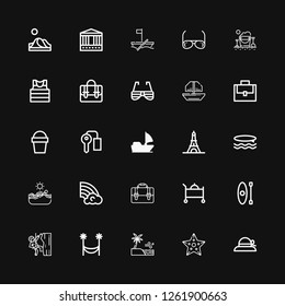 Editable 25 vacation icons for web and mobile. Set of vacation included icons line Pamela, Starfish, Sea, Hammock, Climbing, Kayak, Room service, Briefcase on black background