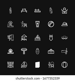 Editable 25 Vacation Icons For Web And Mobile. Set Of Vacation Included Icons Line Beach Ball, Bellhop, Passport, Yatch, Ski, Diving Mask, Tent, Sleeping Bag On Black Background