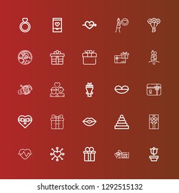 Editable 25 valentine icons for web and mobile. Set of valentine included icons line Rose, Voucher, Gift box, Heart, Rings, Kiss, Gift, Gift card, Lips, Bouquet, Couple on red