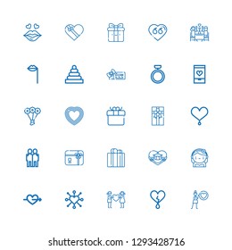 Editable 25 valentine icons for web and mobile. Set of valentine included icons line Love, Heart, Couple, Cupid, Bride, Honeymoon, Gift, Gift card, Hugging on white background