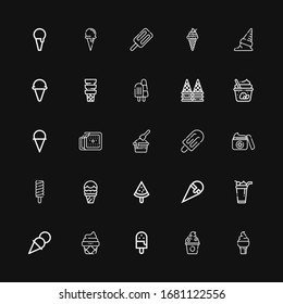 Editable 25 vanilla icons for web and mobile. Set of vanilla included icons line Ice cream, Frozen yogurt, Popsicle, Cream, Ice cream cone on black background