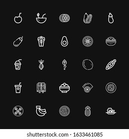 Editable 25 vegan icons for web and mobile. Set of vegan included icons line Salad, Pineapple, Hummus, Bananas, Vegan food, Lemon, Tofu, Smoothie, Peas, Asparagus on black background