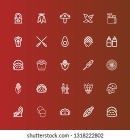 Editable 25 vegetable icons for web and mobile. Set of vegetable included icons line Tacos, Peas, Taco, Mushroom, Tin, Skewer, Nutritionist, Corn, Vegan food, Food, Onion rings on red