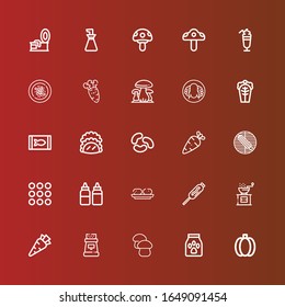 Editable 25 vegetable icons for web and mobile. Set of vegetable included icons line Green pepper, Food, Mushroom, Pepper, Carrot, Croquette, Sauces, Caramel, Corn, Vegetables on red