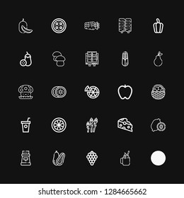 Editable 25 vegetarian icons for web and mobile. Set of vegetarian included icons line Corn, Smoothie, Grapes, Coconut, Pepper, Kiwi, Cheese, Asparagus, Mangosteen on black background