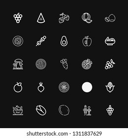 Editable 25 vegetarian icons for web and mobile. Set of vegetarian included icons line Grapes, Nutritionist, Lemon, Pistachio, Fruit, Corn, Eco oil, Vegan food on black background