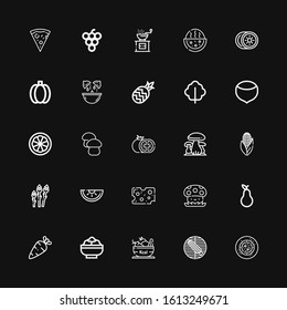Editable 25 vegetarian icons for web and mobile. Set of vegetarian included icons line Vegan food, Corn, Fruit, Salad, Vegetables, Pear, Mushroom, Cheese, Watermelon on black background