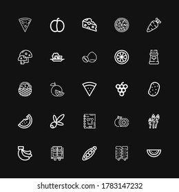 Editable 25 vegetarian icons for web and mobile. Set of vegetarian included icons line Watermelon, Corn, Peas, Tofu, Bananas, Asparagus, Tomato, Recipe book on black background