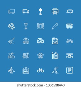 Editable 25 vehicle icons for web and mobile. Set of vehicle included icons line Parking, Collision, Bicycle, Garage, Planes, Car, Boat, School bus, Loader on blue background