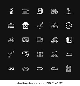 Editable 25 vehicle icons for web and mobile. Set of vehicle included icons line Railway, Car, Cargo truck, Taxi, Seat belt, Caravan, Bicycle, Helicopter, Parking on black background