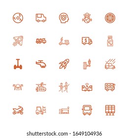 Editable 25 vehicle icons for web and mobile. Set of vehicle included icons line Seat, Bus, Bus stop, Forklift, Motorbike, Accident, Racing, Submarine, Drone on white background