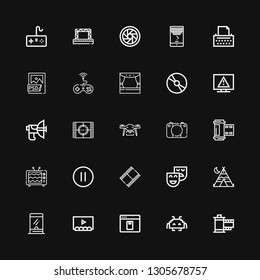 Editable 25 video icons for web and mobile. Set of video included icons line Film, Space invaders, Elearning, Theater, Ticket window, Tipi, Theatre, Movie film on black background