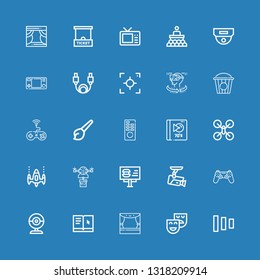 Editable 25 video icons for web and mobile. Set of video included icons line Fade buttons, Theatre, Stage, Learning, Webcam, Gamepad, Cctv, Billboard, Drone on blue background