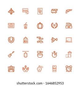 Editable 25 vintage icons for web and mobile. Set of vintage included icons line Alarm, Gameboy, Perfume, Ribbon, Dragon, Flowers, Stop watch, Standing bell on white background