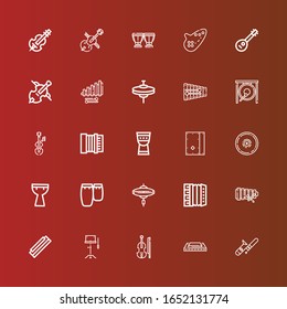 Editable 25 violin icons for web and mobile. Set of violin included icons line Trombone, Harmonica, Violin, Orchestra, Xylophone, Accordion, Cymbal, Conga, Kettledrum, Cajon on red
