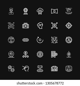 Editable 25 virtual icons for web and mobile. Set of virtual included icons line Virtual reality, Panoramic view, Bitcoin, Webcam, Digital currency, Rotate on black background