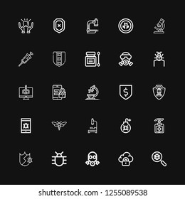 Editable 25 virus icons for web and mobile. Set of virus included icons line Virus search, Security, Gas mask, Bug, Protection, Antiseptic, Virus, Microscope on black background