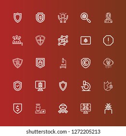 Editable 25 virus icons for web and mobile. Set of virus included icons line Parasite, Spyware, Gas mask, Virus, Protection, Microscope, Shield, Malware, Bio weapon, Security on red